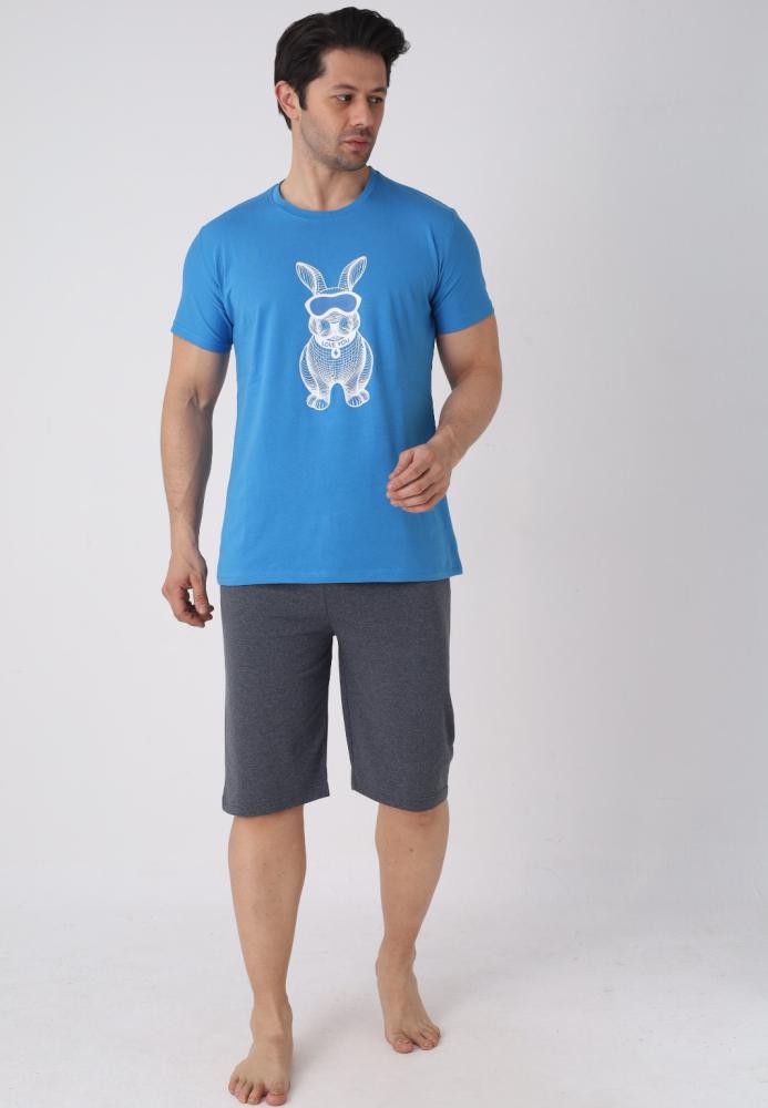 Pijama barbat cu maneca scurta si pantaloni 3/4, culoare albastru, Engros